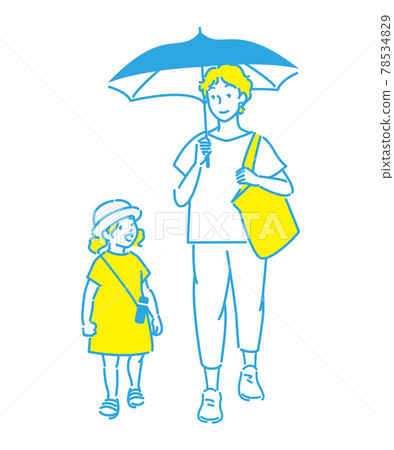 Heat stroke prevention: Illustration of a mother holding a parasol and a daughter wearing a hat, vector 78534829