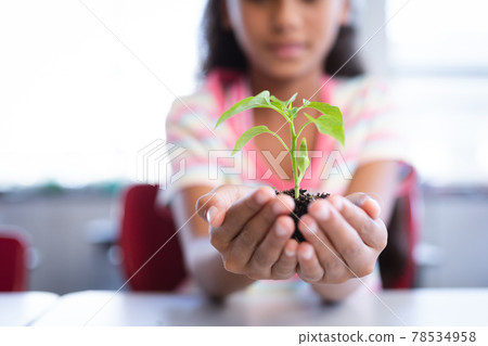 Mid section of girl holding a plant seedling while sitting on her desk in class at school 78534958