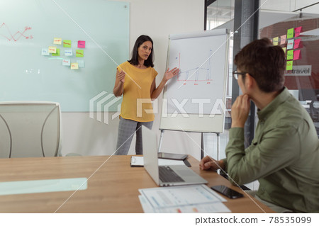 Diverse male and female colleague having meeting, woman talking and man sitting at table with laptop 78535099