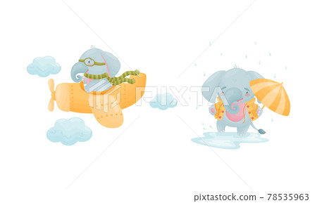 Cute Blue Elephant Character Flying Plane and Walking Under Umbrella in Rainy Day Vector Set Cute Blue Elephant Character Flying Plane and Walking Under Umbrella in Rainy Day Vector Set 78535963