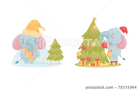 Cute Blue Elephant Character Decorating Fir Tree and Wearing Warm Winter Hat Vector Set 78535964