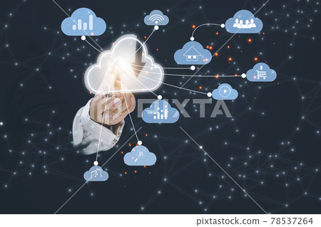 Business woman touching connect to data information on the cloud icon computing network., Backup Storage Data Internet, networking and digital, Share global, and technology, concept. Business woman touching connect to data information on the cloud icon computing network., Backup Storage Data Internet, networking and digital, Share global, and technology, concept. 78537264