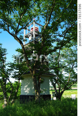 Japanese-style exterior warning equipment and cherry blossom scenery installed on the bank along the Iinashi River ... Yasugi City, Shimane Prefecture 78537896