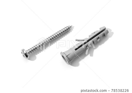 Plastic dowel and screw isolated on a white background. Expansion anchors or fixing dowel with chromed screw Plastic dowel and screw isolated on a white background. Expansion anchors or fixing dowel with chromed screw 78538226