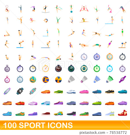 100 sport icons set, cartoon style 78538772