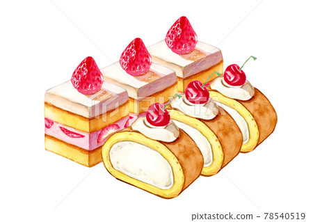 Shortcake and roll cake dessert [hand-painted watercolor painting] 78540519