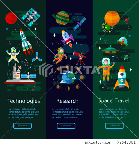 Space universe vertical banner set with flat symbols of planets, rockets, satellites, space station and ufo. Space universe vertical banner set with flat symbols of planets, rockets, satellites, space station and ufo. 78542391