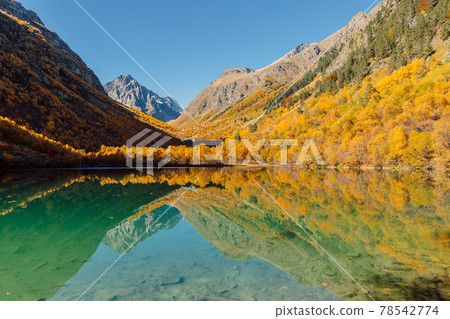 Mountain lake with crystal fresh water, reflection and autumnal trees. Mountain lake with crystal fresh water, reflection and autumnal trees. 78542774