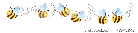 Set of cartoon bee mascot. A small bees flying on a dotted route. Wasp collection. Vector characters. Incest icon. Template design for invitation, cards. Doodle style 78542842