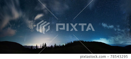 Mountain forest under beautiful night sky with stars. Mountain forest under beautiful night sky with stars. 78543295