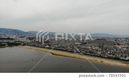 Aerial shot of Koshien Beach on a cloudy day taken with a drone Aerial shot of Koshien Beach on a cloudy day taken with a drone 78543501