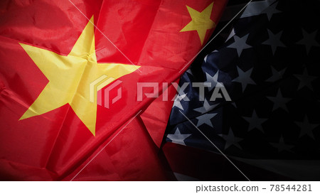 USA and China flag on black background. Represent serious trade tension or trade war between America and China. financial concept. Flags of China and the United States of America on Black. top view an 78544281