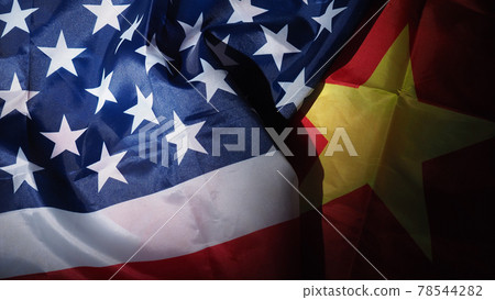 USA and China flag on black background. Represent serious trade tension or trade war between America and China. financial concept. Flags of China and the United States of America on Black. top view an 78544282