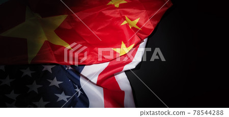 USA and China flag on black background. Represent serious trade tension or trade war between America and China. financial concept. Flags of China and the United States of America on Black. top view an 78544288
