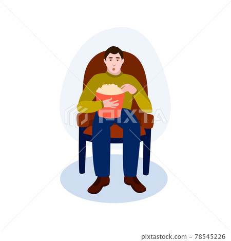 A Man In A Chair With Popcorn Watching A Movie vector illustration from hobbies collection. Flat cartoon illustration isolated on white 78545226