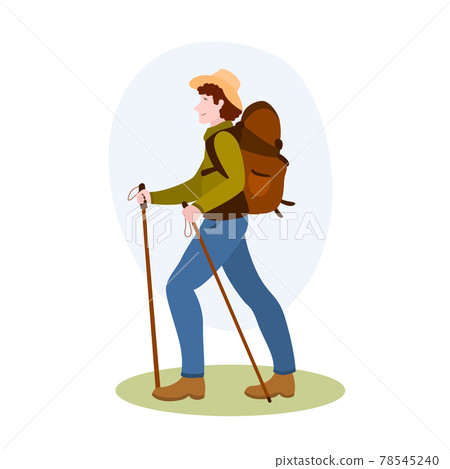 Hiker With Backpack And Sticks vector illustration from hobbies collection. Flat cartoon illustration isolated on white Hiker With Backpack And Sticks vector illustration from hobbies collection. Flat cartoon illustration isolated on white 78545240