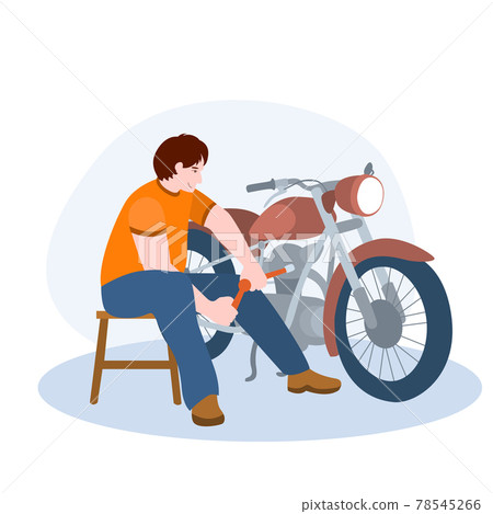 Mechanic Repairing Motorcycle vector illustration from hobbies collection. Flat cartoon illustration isolated on white Mechanic Repairing Motorcycle vector illustration from hobbies collection. Flat cartoon illustration isolated on white 78545266