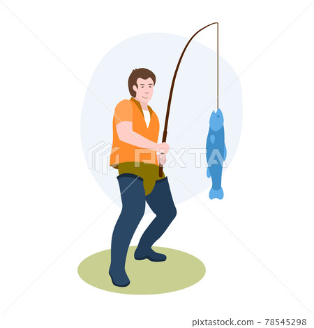 Fisherman With Fishing Rod Catching A Big Fish On The Shore vector illustration from hobbies collection. Flat cartoon illustration isolated on white 78545298