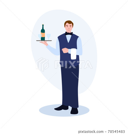 Waiter With Tray A Bottle Of Wine And Glasses vector illustration from professions collection. Flat cartoon illustration isolated on white Waiter With Tray A Bottle Of Wine And Glasses vector illustration from professions collection. Flat cartoon illustration isolated on white 78545483