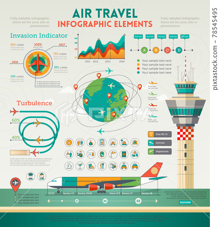 Air travel infographic elements with airplane, control tower and design elements. 78545495
