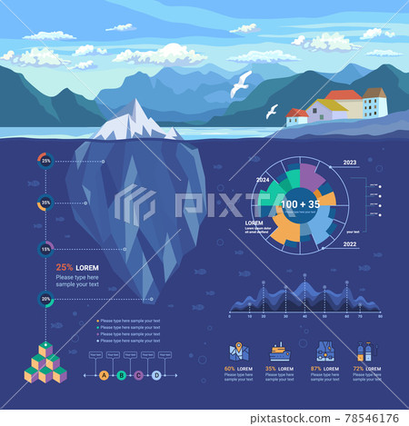 Iceberg Floating in Fjord. Infographic Underwater and Flat Elements with Polygonal Iceberg, Graphics, Icons and more. 78546176