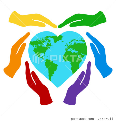 vector illustration of a rainbow color hands holding a heart-shaped earth isolated on a white . caring for the environment, love for the planet, respect for nature. Banner of the world Earth day. 78546911