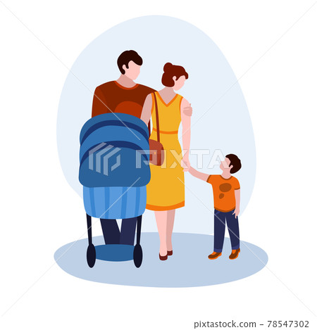 Dad, Mom, Baby And Stroller vector illustration from family collection. Flat cartoon illustration isolated on white 78547302