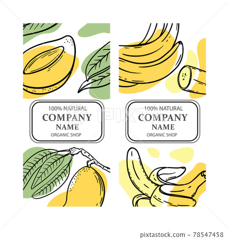 MANGO BANANA LABELS Design Of Stickers For Shop Of Tropical Organic Natural Fresh Juicy Fruits And Dessert Drinks In Sketch Style Clip Art Vector Illustration Set 78547458