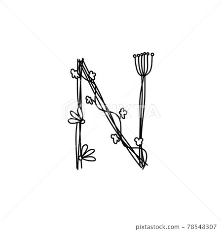 Vintage floral bold Letter N logo spring. Classic Summer Letter Design Vectors with Black Color and Floral Hand Drawn with monoline line flowers 78548307