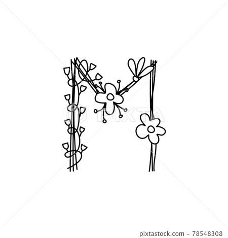 Vintage floral bold Letter M logo spring. Classic Summer Letter Design Vectors with Black Color and Floral Hand Drawn with monoline line flowers 78548308