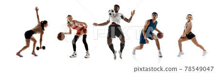 Sport collage. Basketball, fitness, soccer football men and women in motion Sport collage. Basketball, fitness, soccer football men and women in motion 78549047