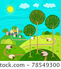 Flat landscape with houses trees and sheeps  78549300
