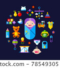 Set of vector icon set baby toys, feeding and care 78549305