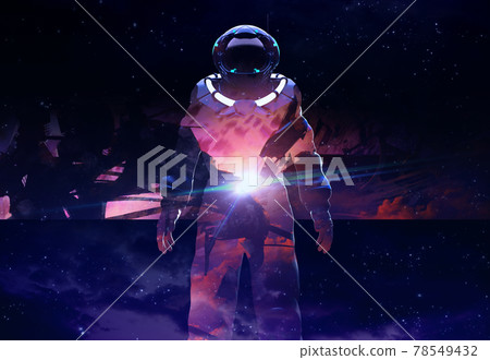 3d render illustration of double exposure astronaut in suit on planet. 78549432