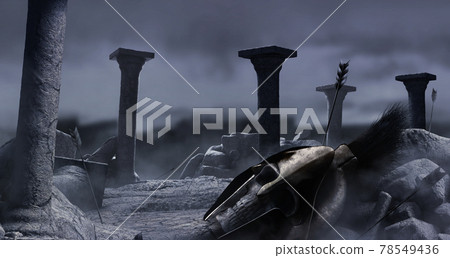 3d render background illustration of greek ruined temple war aftermath. 78549436