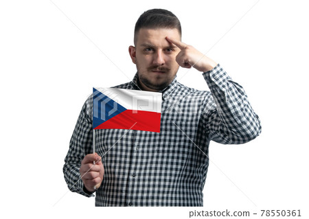 White guy holding a flag of Czech Republic and a finger touches the temple on the head isolated on a white background White guy holding a flag of Czech Republic and a finger touches the temple on the head isolated on a white background 78550361