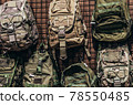 Military tactical backpacks store stand. 78550485