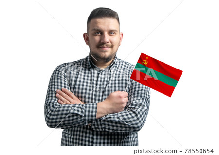 White guy holding a flag of Transnistria smiling confident with crossed arms isolated on a white background White guy holding a flag of Transnistria smiling confident with crossed arms isolated on a white background 78550654