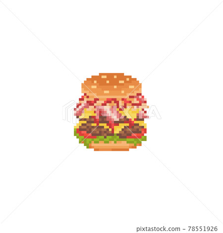 Pixel art huge burger icon. Vector Retro 8 bit illustration of big bacon burger. Pixel fast food isolated mega burger. Pixel vector big burger with toppings icon for game, sticker, app, web design. Pixel art huge burger icon. Vector Retro 8 bit illustration of big bacon burger. Pixel fast food isolated mega burger. Pixel vector big burger with toppings icon for game, sticker, app, web design. 78551926