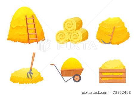 Set of Dry bale of hay with ladder, wooden box, scythe, pitchfork in cartoon style isolated on white background. Roll pile, straw stack. Agriculture harvest, farm work stock vector illustration. 78552498