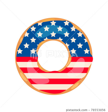 American Patriotic Donut with flag of USA on the glaze. Independence Day doughnut. Vector template for typography poster, banner, flyer, sticker, t-shirt, postcard, logo design American Patriotic Donut with flag of USA on the glaze. Independence Day doughnut. Vector template for typography poster, banner, flyer, sticker, t-shirt, postcard, logo design 78553856