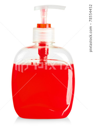 Plastic bottle of the red transparent liquid soap isolated on white background 78554452