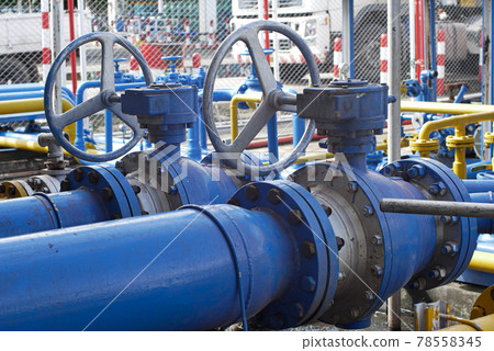 Valves at gas plant, Pressure safety valve selective focus 78558345