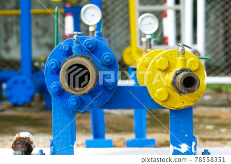 Valves at gas plant, Pressure safety valve selective focus 78558351