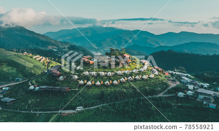 Aerial view of camping grounds and tents on Doi Mon Cham mountain in Mae Rim, Chiang Mai province 78558921