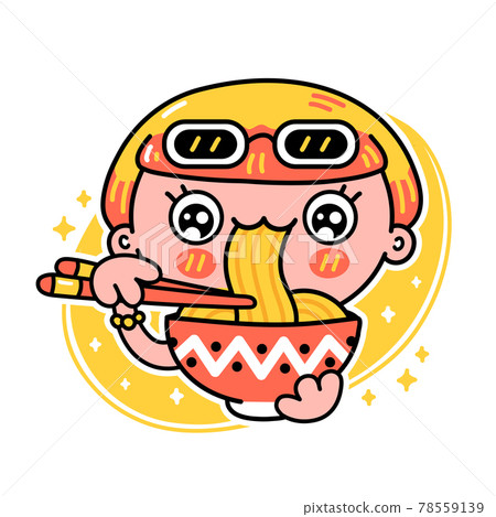 Cute funny girl eat noodles from bowl. Vector hand drawn cartoon kawaii character illustration icon. Isolated on white background. Asian food, japanese,korean noodle mascot cartoon character concept Cute funny girl eat noodles from bowl. Vector hand drawn cartoon kawaii character illustration icon. Isolated on white background. Asian food, japanese,korean noodle mascot cartoon character concept 78559139