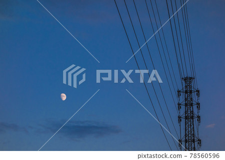 Night sky, moon, high-voltage power lines Towers and power lines 78560596