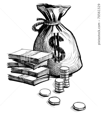 Bag of dollars, bills and coins. Ink black and white drawing Bag of dollars, bills and coins. Ink black and white drawing 78561329