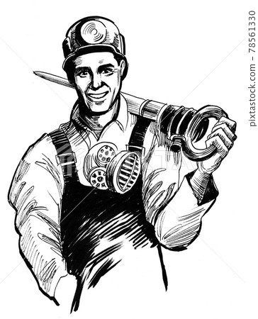 Miner worker with a pneumatic hammer. Ink black and white drawing Miner worker with a pneumatic hammer. Ink black and white drawing 78561330