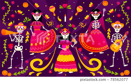 Sugar skeletons celebrating dia de los muertos, dancing poses, colourful traditional mexican dresses, party banner 78562077